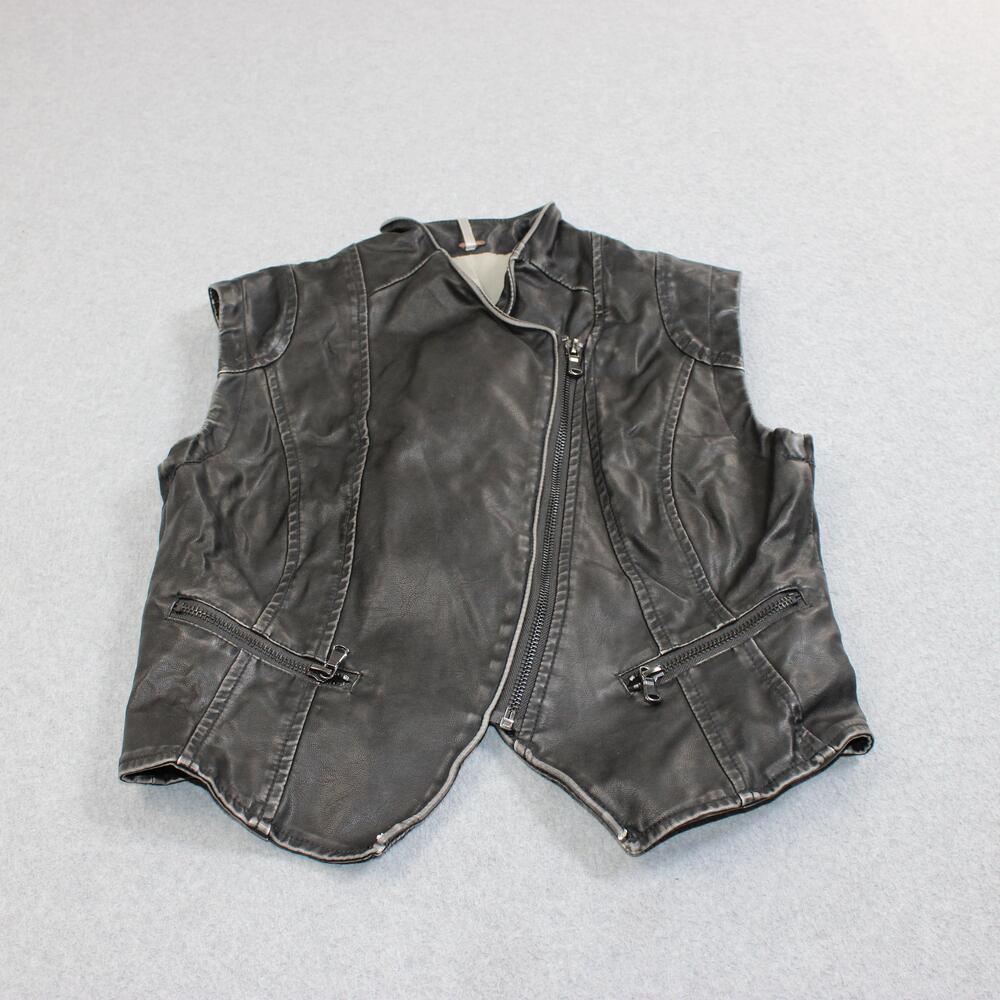 Free People Vest Women XS Black Faux Leather Moto Biker Zip Pockets Lined Boho